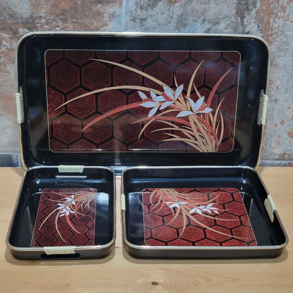 VTG Lacquer Beverage Serving Tray Barware Rectangular Square Black Enamel Floral - Picture 3 of 13